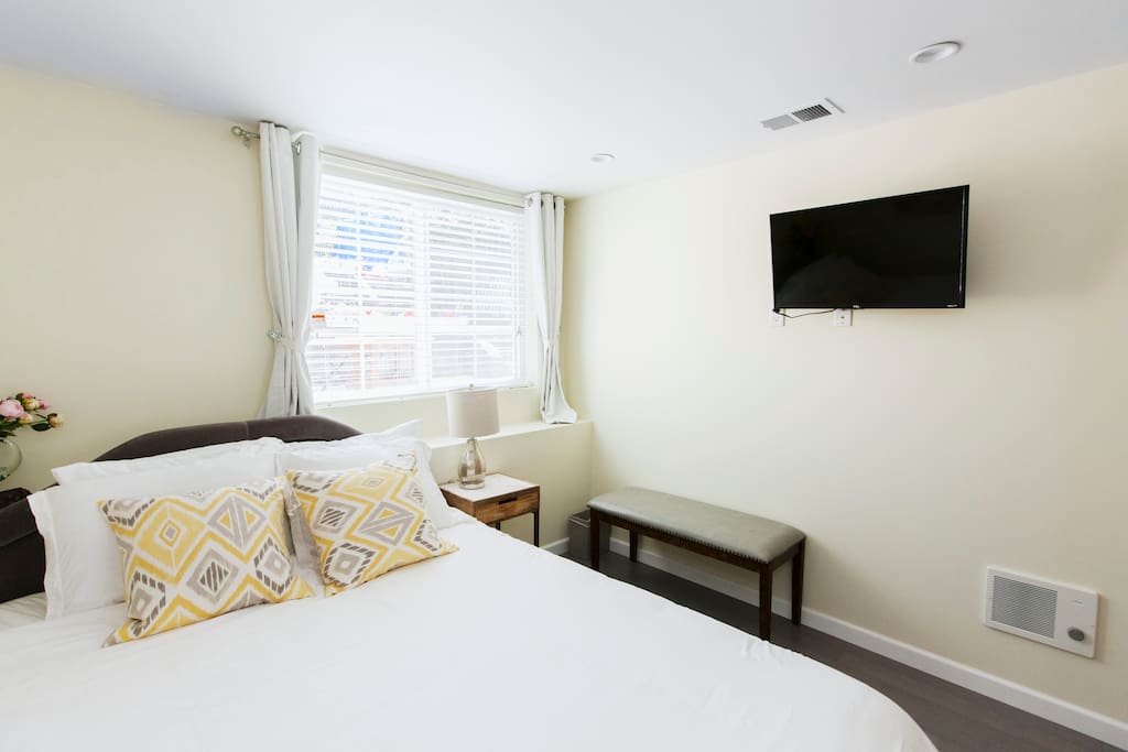 Brand new bedroom with queen-sized bed and TV with Netflix