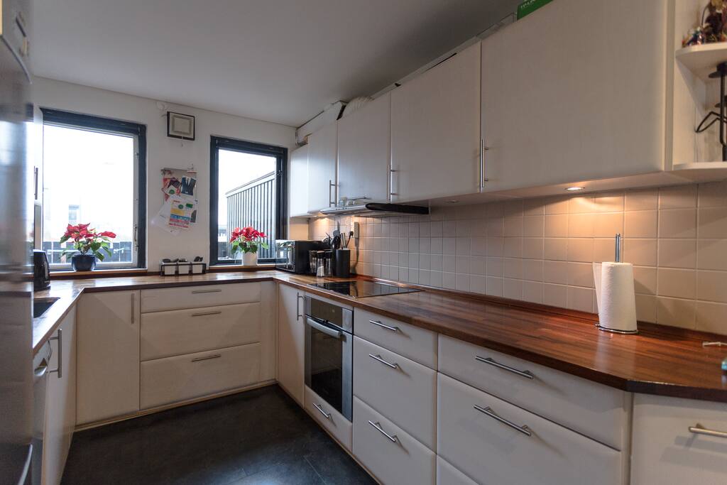 Big kitchen with dish washer, fridge and cooler, microwave and conventional oven, coffee maker, toaster and more