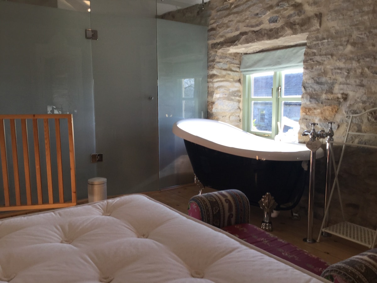 spavaća soba s rolo kadom i prostorom za tuširanje/WC iza stakla 