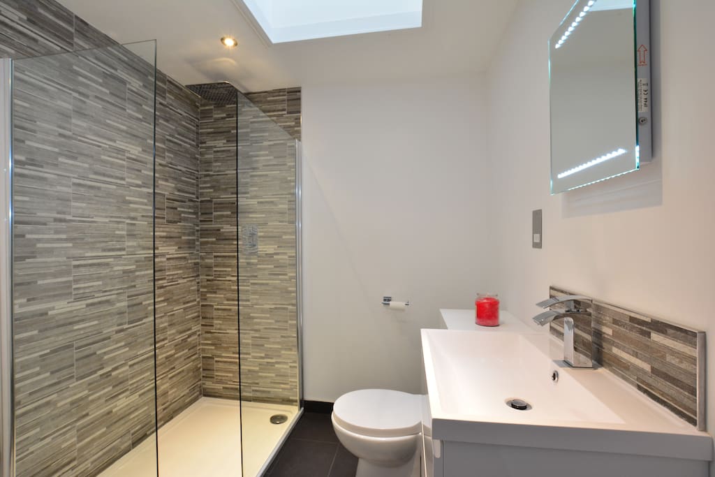 New bathroom with shower, basin and WC