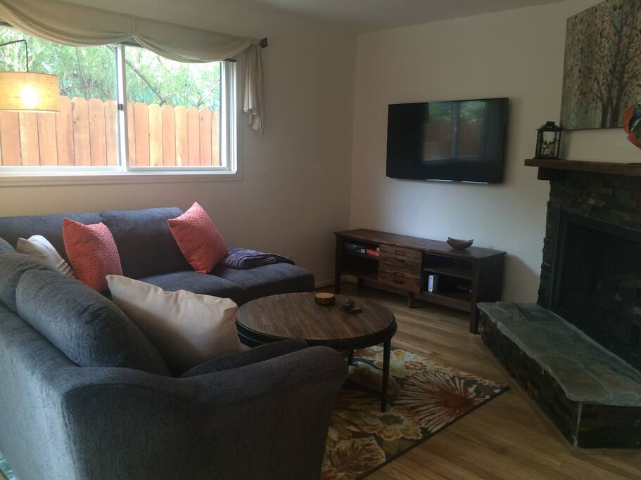 60" Roku TV and gas fireplace
