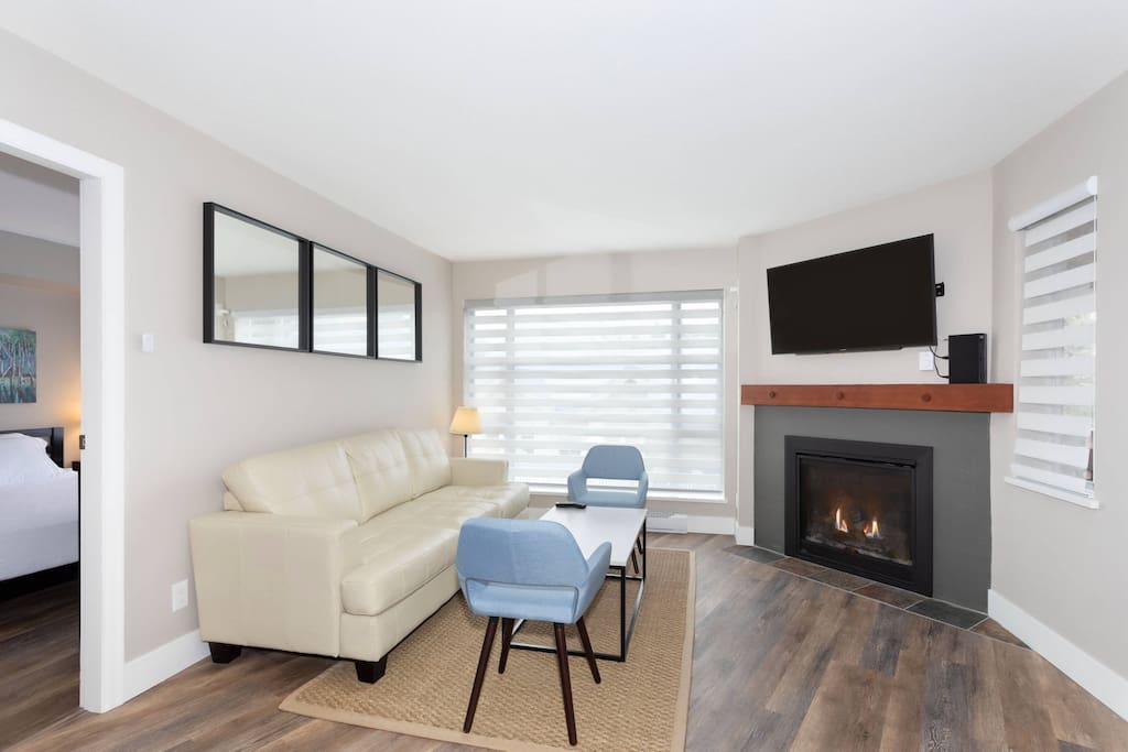 Sit by the fireplace after a long day. Sofa bed is queen size.