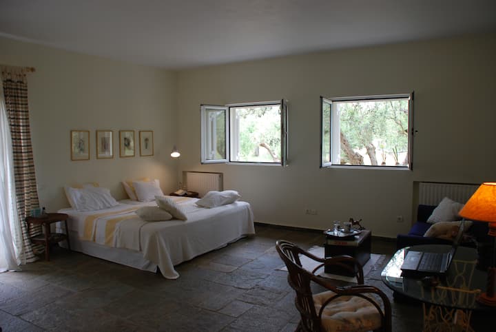 Hlavná spálňa, manželská posteľ King, súkromný priestor na sedenie a študovňa