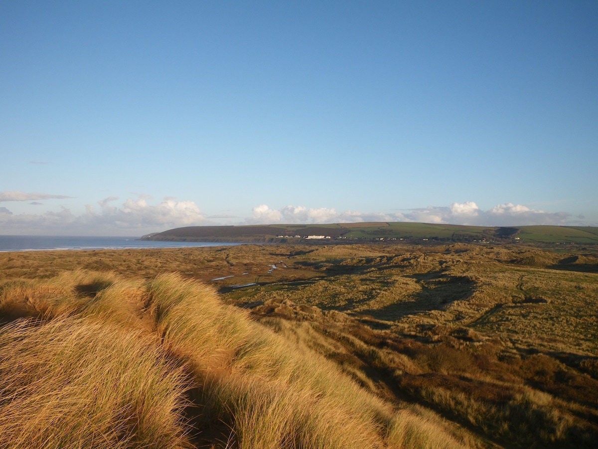 A serene coastal landscape is presented, featuring rolling sand dunes adorned with golden grasses. The horizon showcases a clear blue sky meeting the sea, while distant hills and a few scattered buildings are visible, creating a tranquil natural scene.