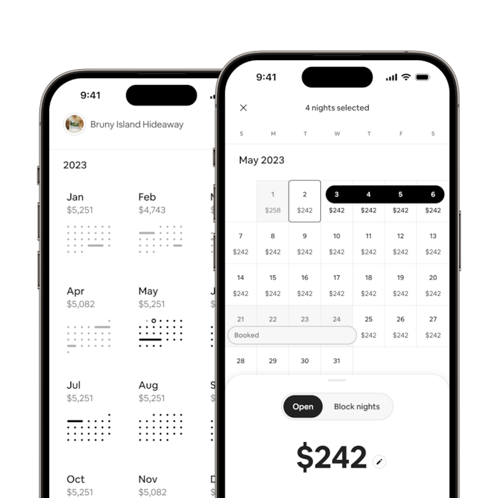 Aplikacja Airbnb, na ekranie której widać wiele dat wybranych w kalendarzu gospodarza za pomocą funkcji „Przesuń palcem, aby zaznaczyć”.