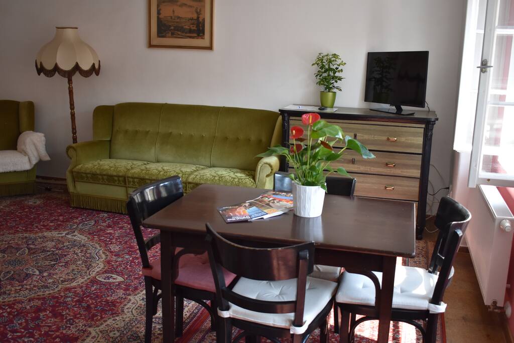 living room with two twin beds