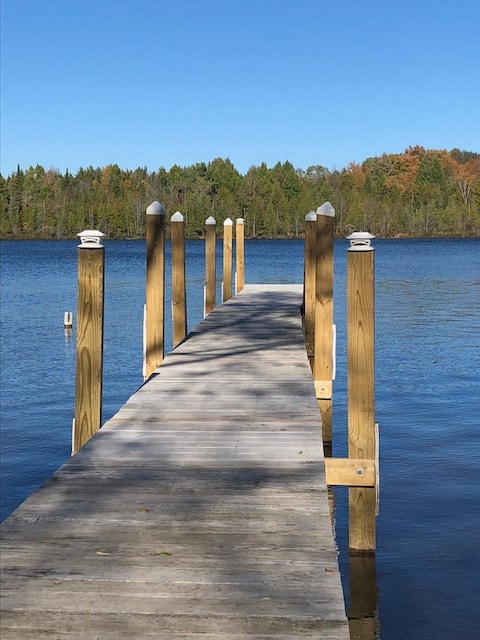 A wooden dock extends out over calm water, supported by sturdy posts. Lush green trees line the opposite shore, showcasing a variety of foliage. The clear blue sky above reflects the peacefulness of the scene, creating an inviting atmosphere for outdoor activities.