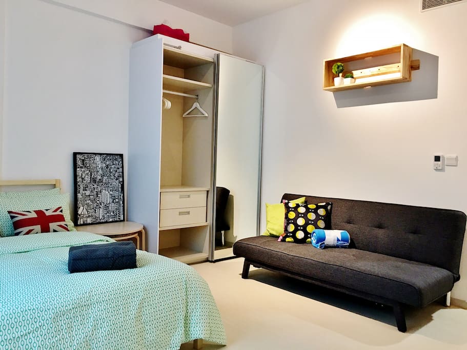 Proper queen bed and double sofa-bed