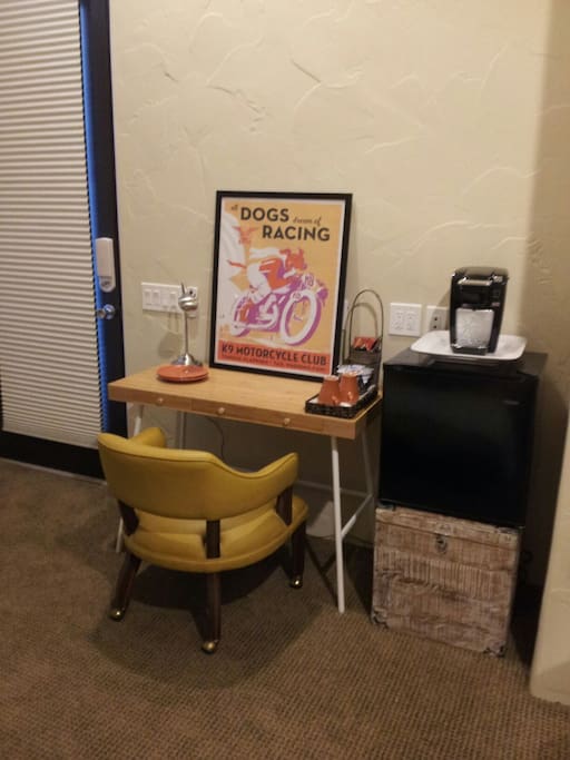 Mini fridge & Keurig coffe/tea set up and internet access