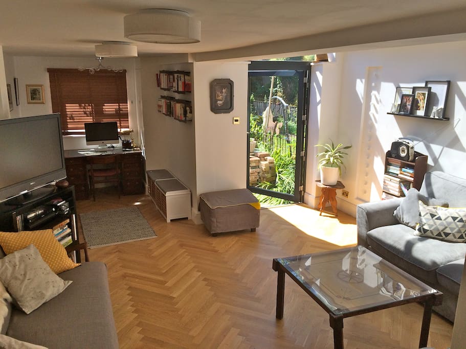 View of living room and office area