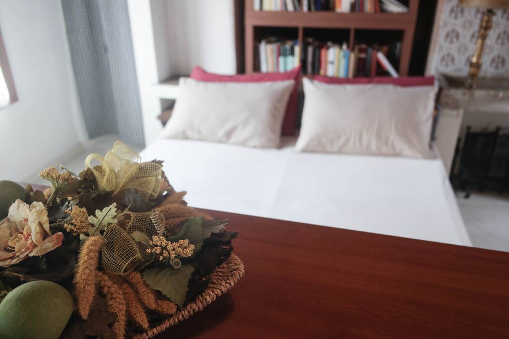 Double bed and fireplace