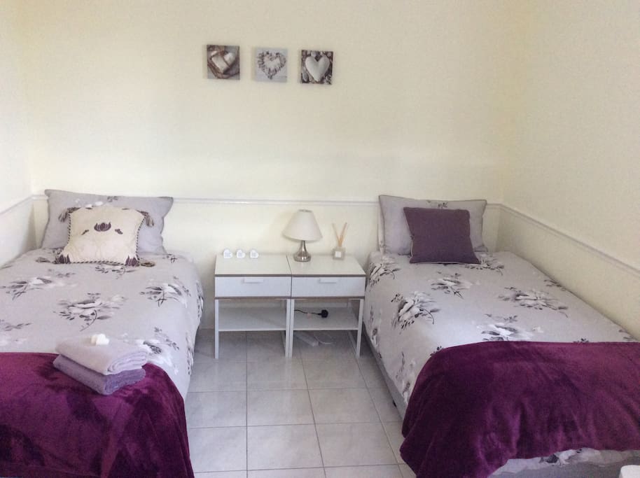 Light & airy twin guest room with private bathroom. Doors to rear terrace.