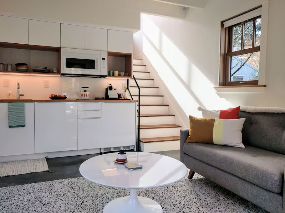 First floor living room and kitchen.