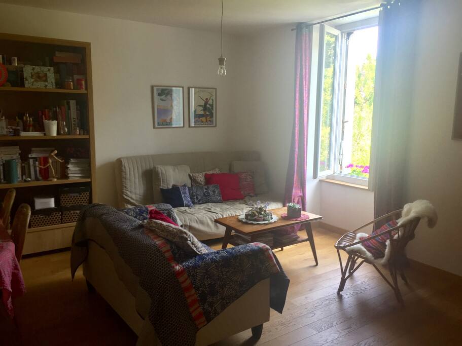 Le salon - salle à manger - vue sur jardin arboré