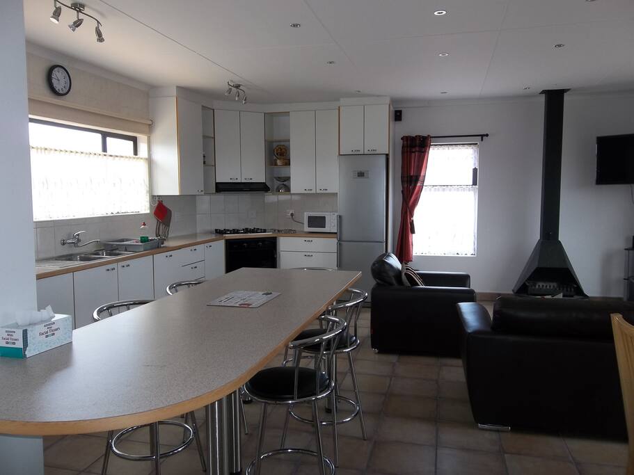 open plan kitchen, with fireplace