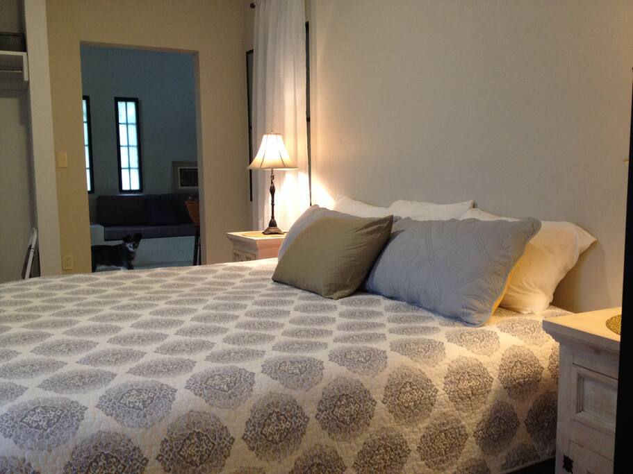 Bedroom with king bed, side tables, ceiling fan, closet, and safe