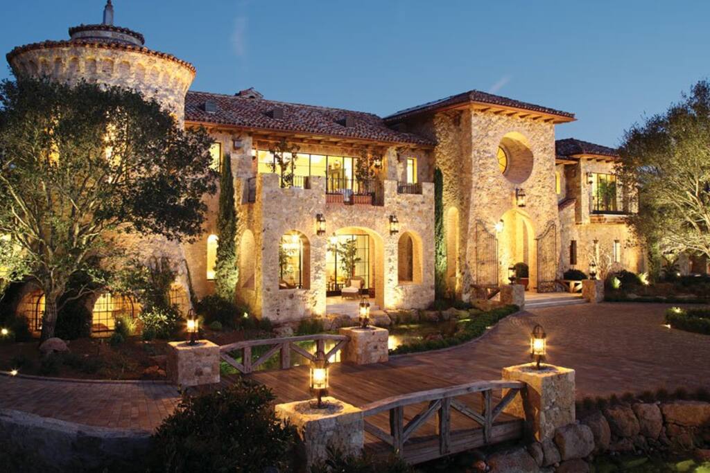 "Villa del Lago" Front Entry with Circular Drive, Bass Pond, Koi Pond and Waterfall