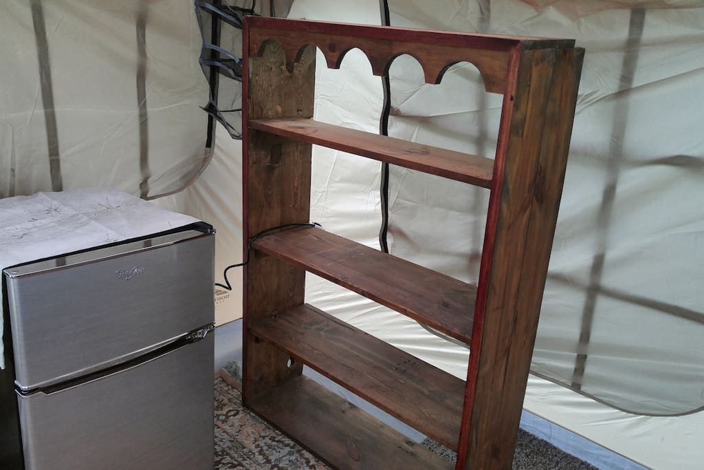 Fridge and shelving for food, etc.