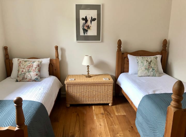 La chambre à deux lits au rez-de-chaussée. Il y a un joint de réduction du bruit sur la porte, idéal si vous avez des petits que vous voulez au lit tôt !