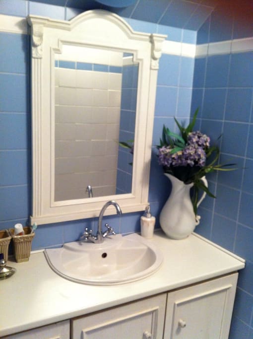 Cozy private bathroom with shower in nice blue colors