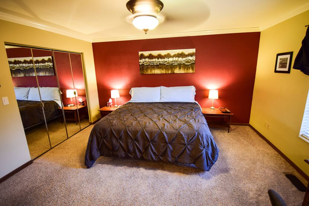 Large king bed in 15’ X 18’ master suite