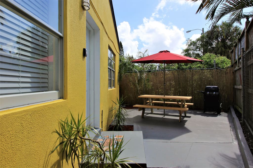 Private patio with a BBQ.