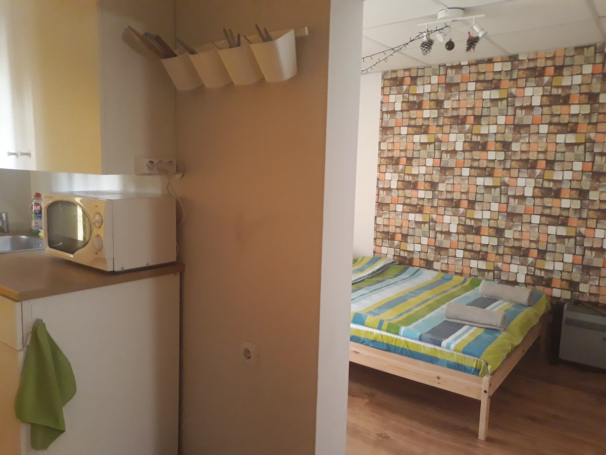 The image shows a small kitchen area with a microwave and a refrigerator. A spacious bed with colorful striped bedding is visible in the background, complemented by a striking wall featuring a mosaic of square tiles. Natural light is provided through the ceiling and wall fixtures.