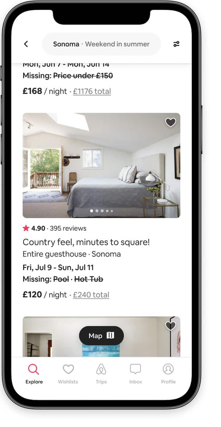 Listings of stays that have one or two missing search filters in the Airbnb app.