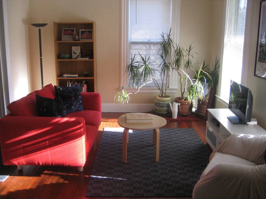 Living room from front entry, with TV on right.