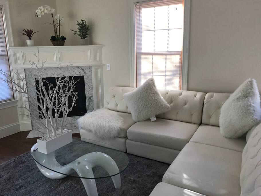 Super clean living room with TV, apple air music system.