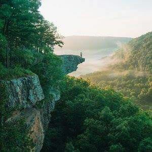 A person is seen standing on a rocky outcrop at dawn, surveying a lush green valley shrouded in mist. Dense trees surround the cliff, and soft morning light illuminates the serene landscape.