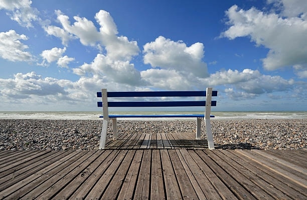 A wooden bench with blue and white slats is positioned on a boardwalk overlooking a pebble beach. The ocean is visible in the background, framed by a bright sky with scattered clouds.
