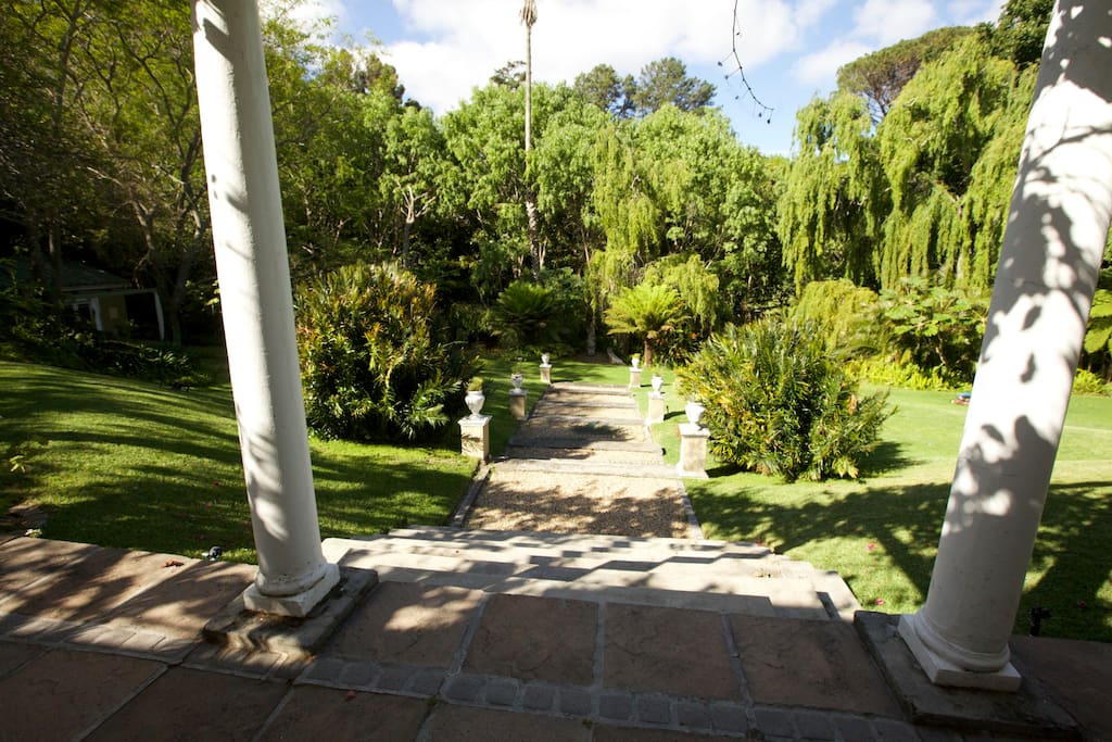 view from colonnade down to stream with swans and indigenous ducks