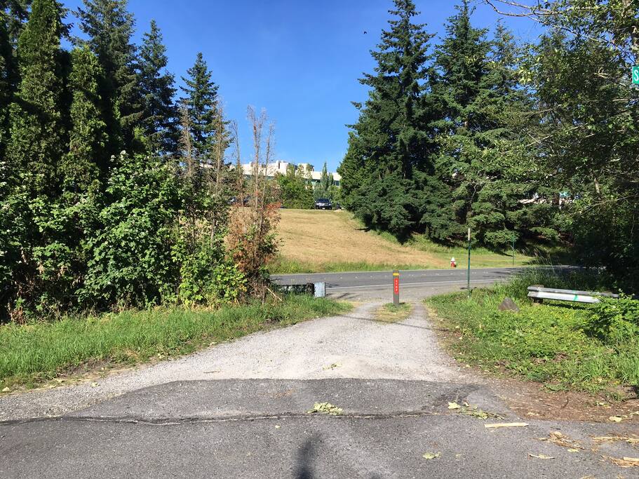 St. Joseph Hospital as seen from the end of the trail at the end of the street.