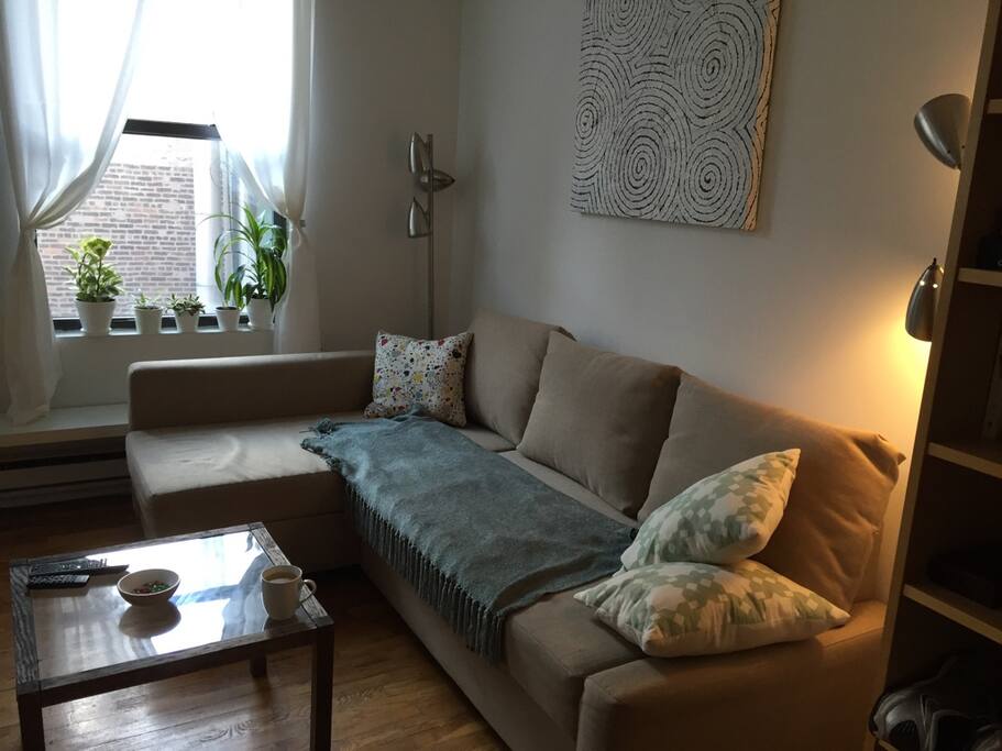 Couch comfortably sleeps two.