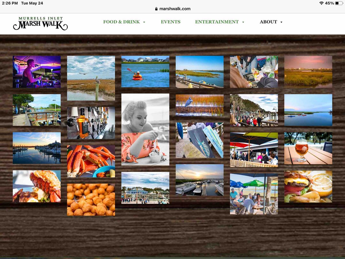 A collage of scenic views and activities along the marsh. Images include colorful food items, people kayaking, musicians performing, and various waterfront scenes. The vibrant natural surroundings and active enjoyment of the area are prominently displayed, capturing the charm of coastal leisure.