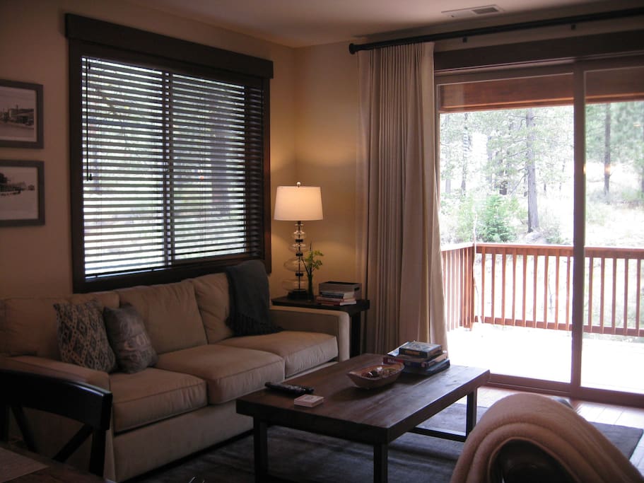 Living room with adjacent deck overlooking open space