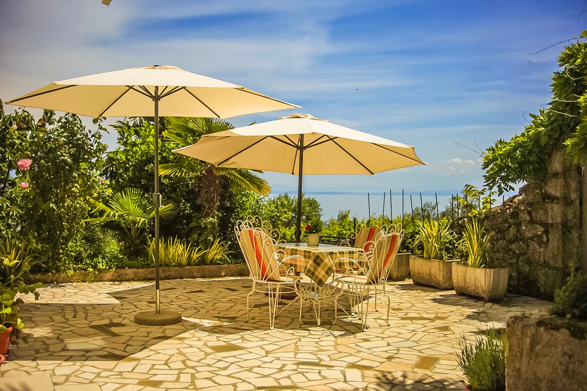 A charming terrace is adorned with two large umbrellas providing shade over a dining area. The space features a round table surrounded by six elaborately designed chairs. Lush greenery and potted plants create a natural frame, enhancing the expansive view of Kvarner bay.