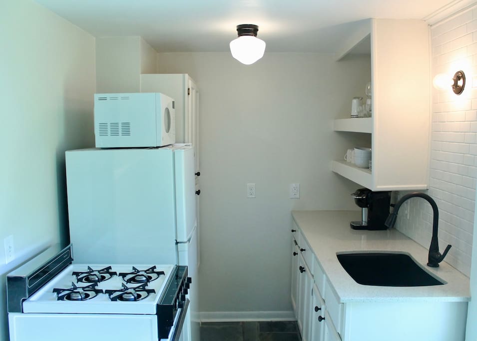 The full Kitchen is stocked with basic essentials-pots, pans, cookie sheets, etc.