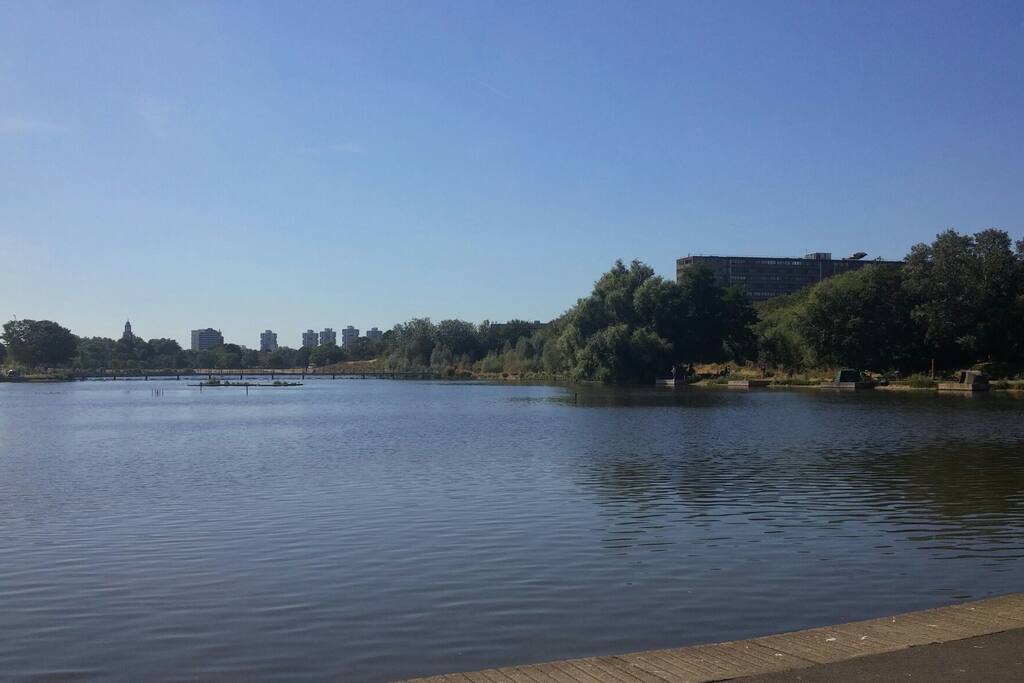 Burgess Park lake. 30m away.