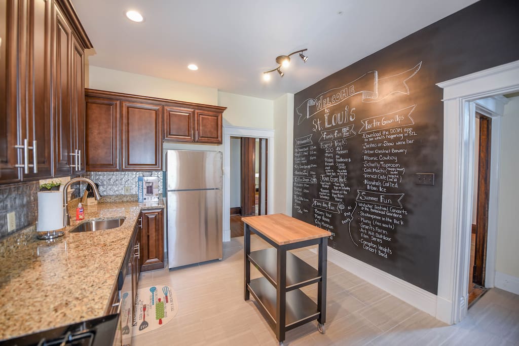 Brand new kitchen appliances and artistic chalkboard wall full of local St. Louis Hotspots!