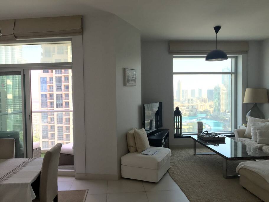 Open plan living and dining area - with 2 balconies off and full fountain view. Amazing skyline at night.