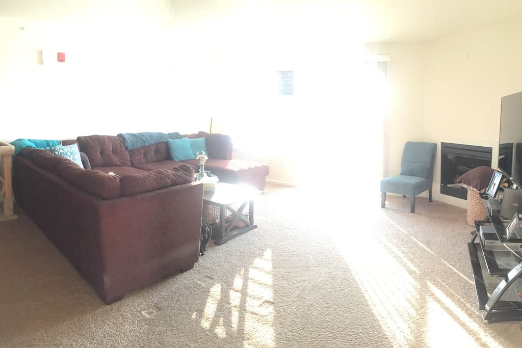 Full living room with t.v. and access to the balcony