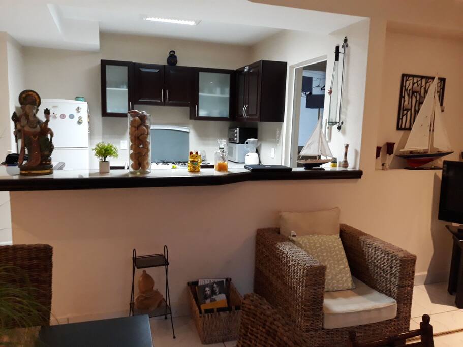 barra, cocina y gabinetes.