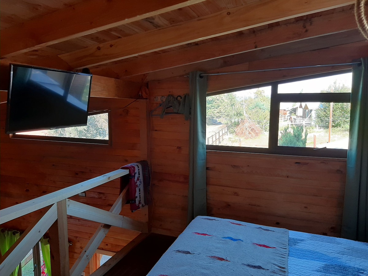 A cozy interior showcases a wooden ceiling and walls, accented by two windows that allow natural light to fill the space. A spacious bed is dressed in a patterned blanket, with a wall-mounted television positioned for easy viewing.