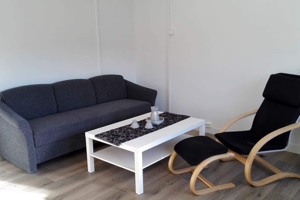 Stue med sovesofa.
Living room with sofa bed.