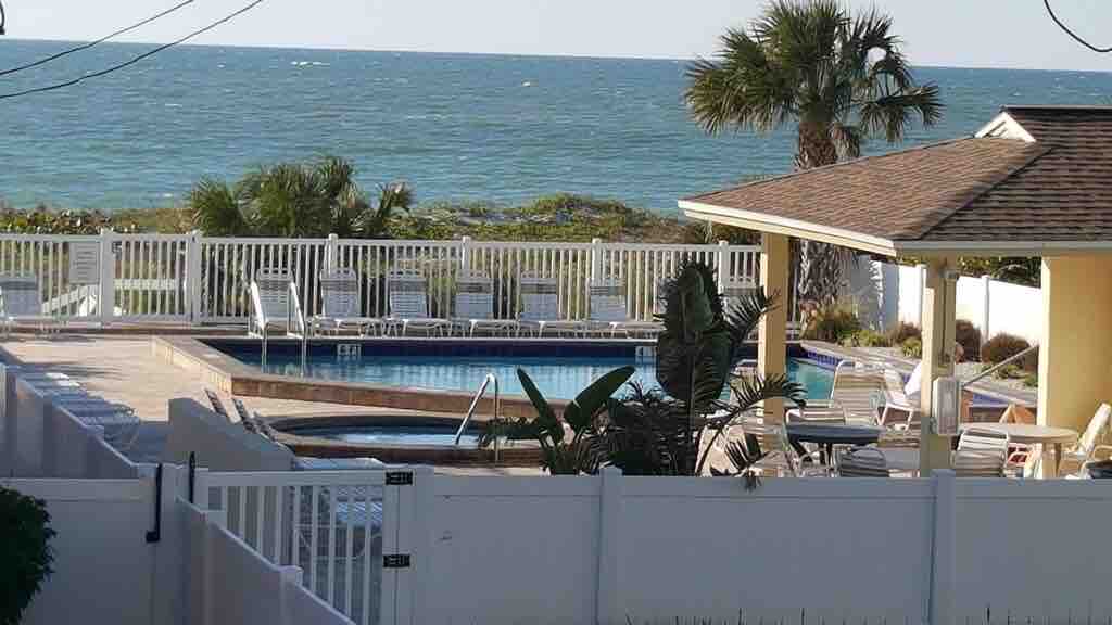 The image captures a view of the pool area surrounded by palm trees, with the Gulf of Mexico visible in the background. Lounge chairs are arranged around the pool, and a shaded cabana is present nearby. The scene evokes a relaxed outdoor atmosphere.