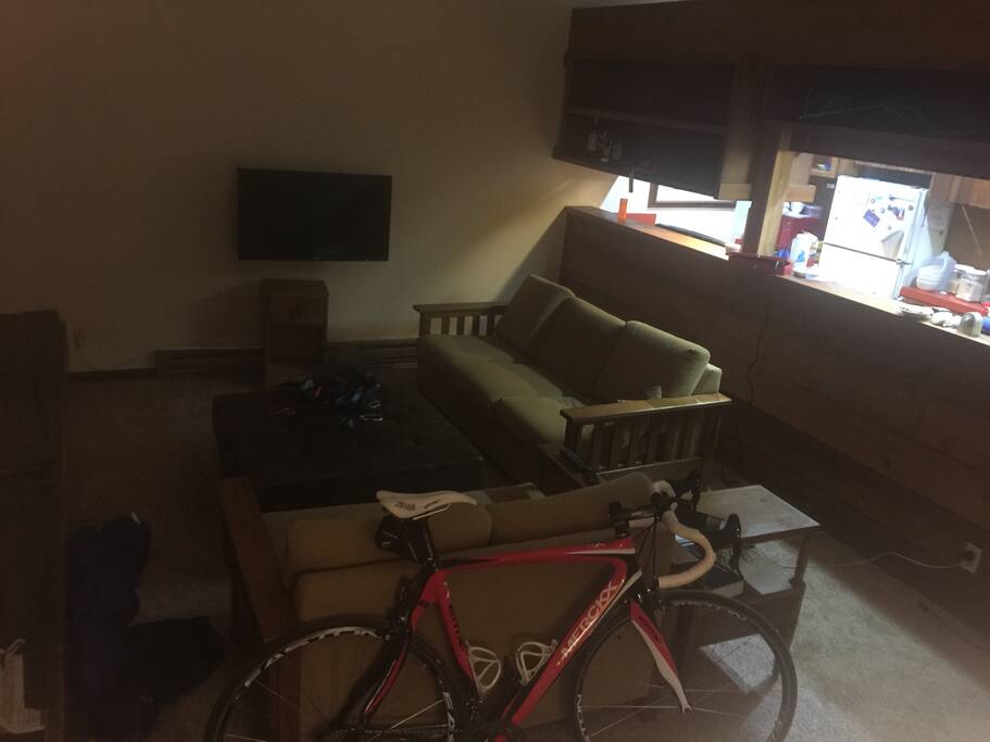 Two couches and flat screen TV with HBO, Showtime, Netflix, Amazon Prime, and Hulu.