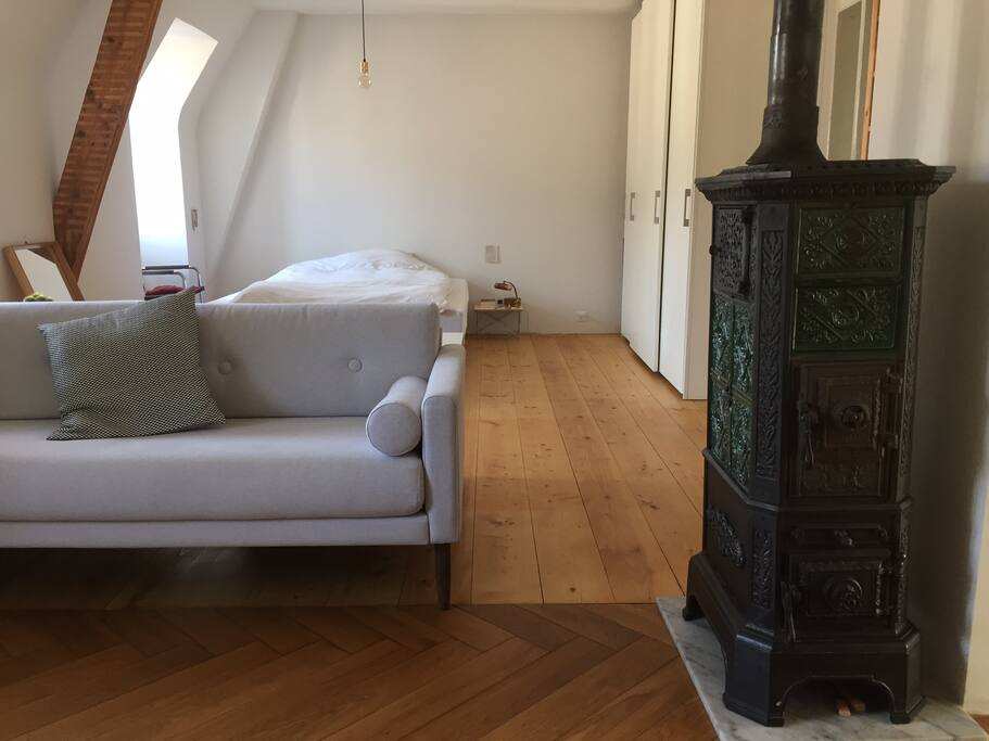 View from living room area to bed.