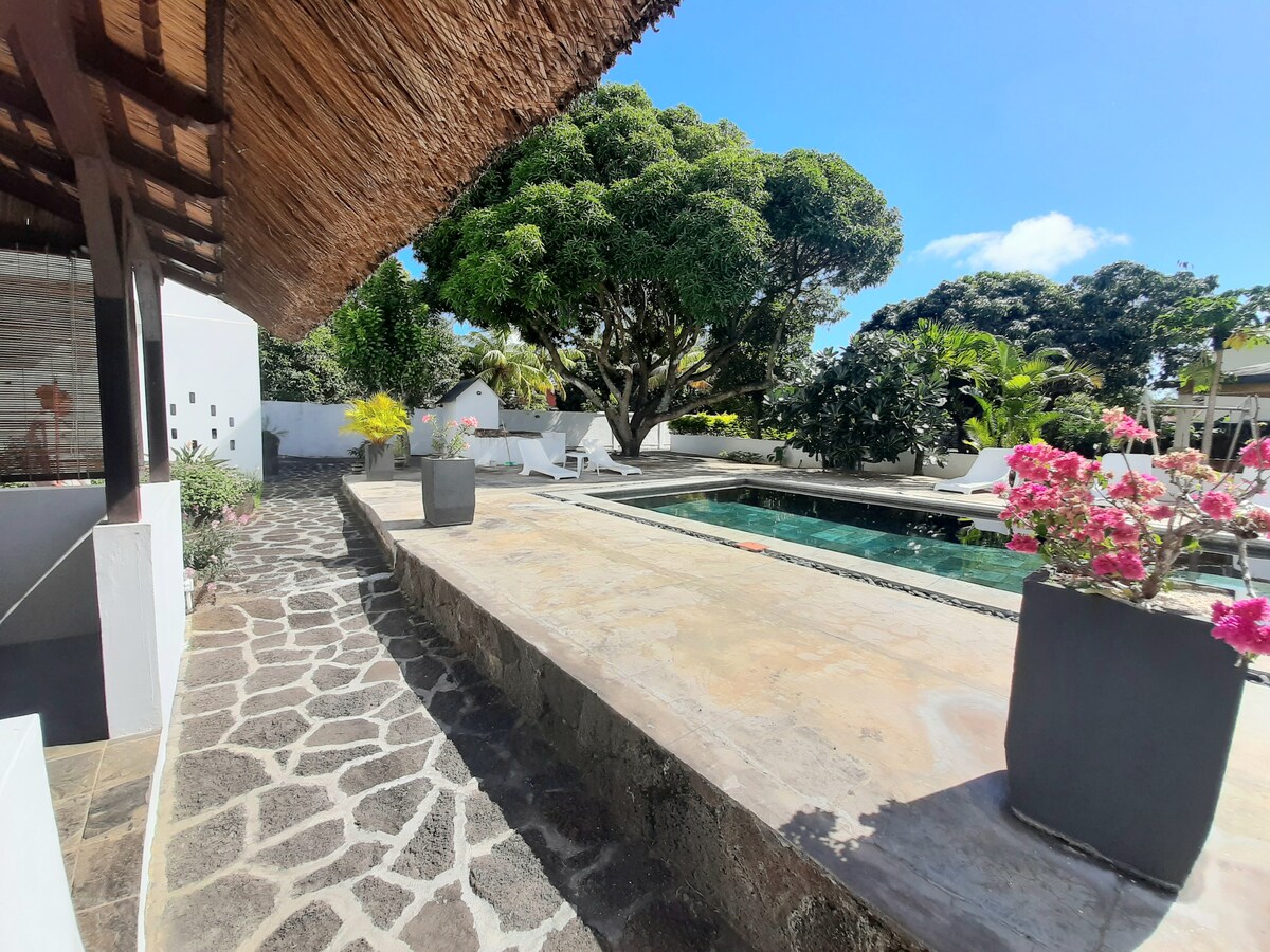A stone pathway leads to a tranquil pool area, surrounded by lush greenery. Potted flowers add colorful accents, while a thatched roof provides shade. The clear sky and vibrant foliage contribute to a serene outdoor environment.